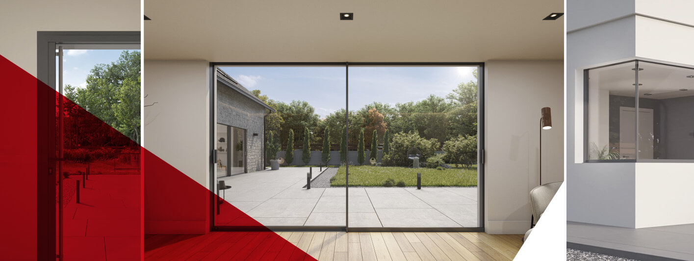 3 images. Celle de gauche montre une porte transparante, celle du milieu une grande baie vitrée qui donne vers un jardin et à droite une fenêtre d'angle